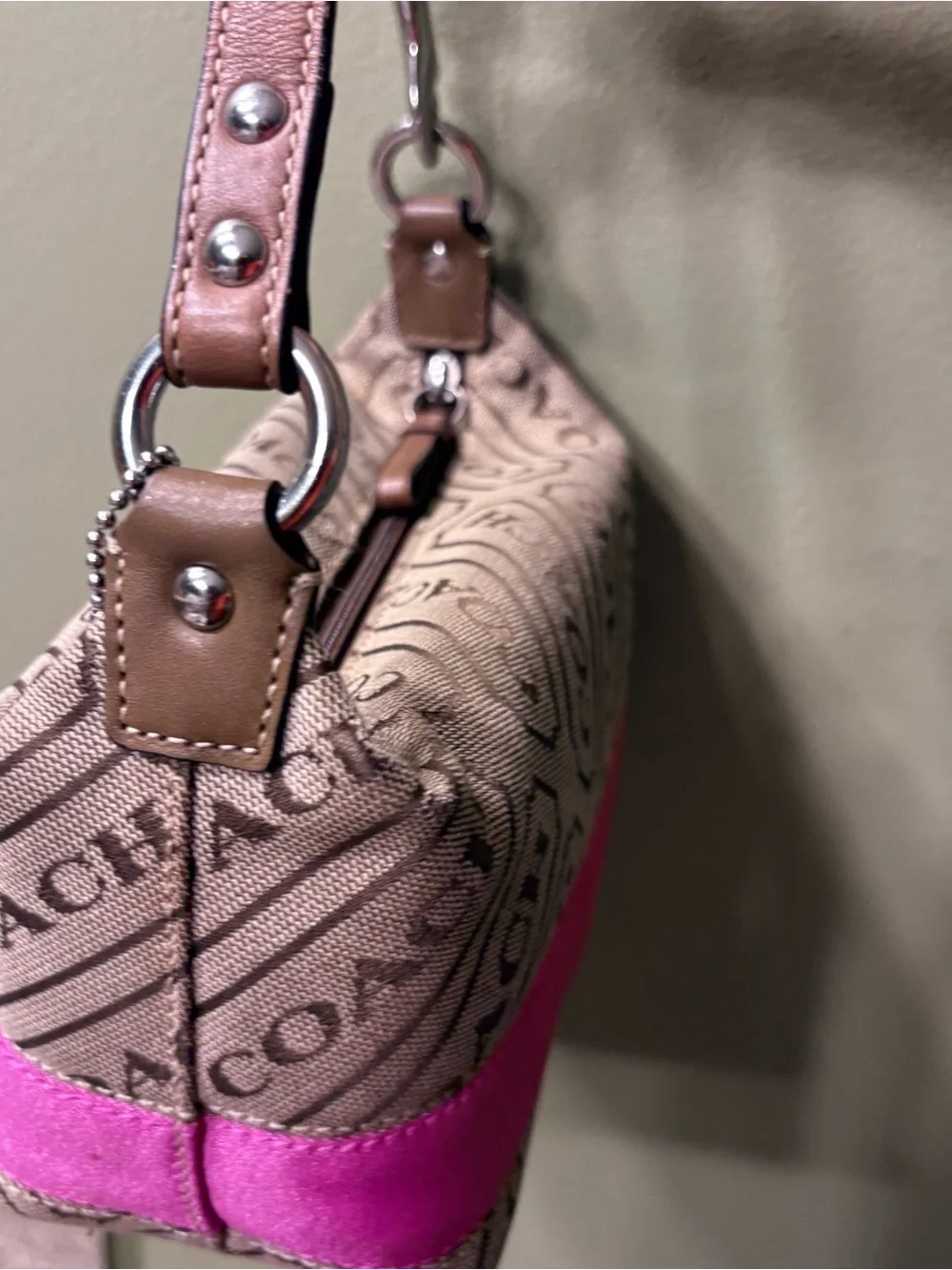 Coach Mini Shoulder Bag in Beige Canvas with Pink Trim
